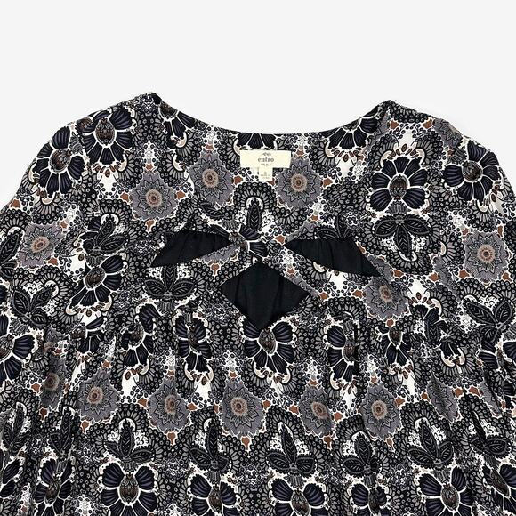 Entro Printed Mini Dress Small Gray Boho Indie Festival Peasant Flowy Earthy - Picture 5 of 10